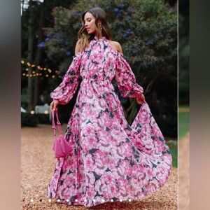 Petal & Pup HILARY PLEATED MAXI DRESS - PINK FLORAL